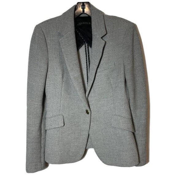 ZARA Woman One Gold Button Waffle Knit Blazer Jacket Grey M Single Breast Kate - Picture 1 of 15